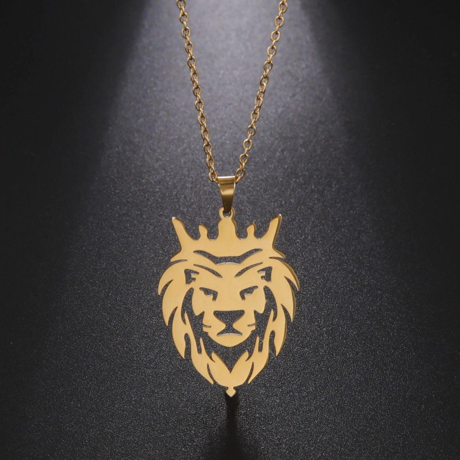 Collar Cabeza Leon Corona King Acero Dorado-4