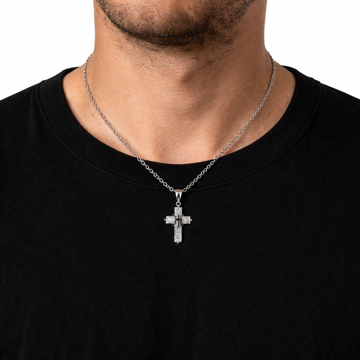 Collar Mini Cruz Cristal Blanco y Acero Plateada-2