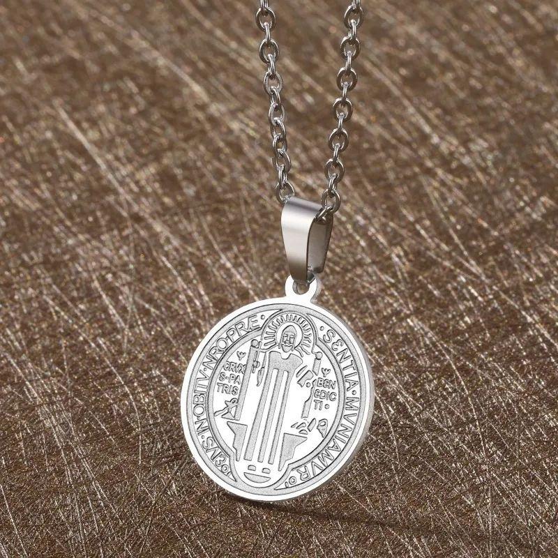 Collar Medalla San Benito Protector Acero Plateado-2