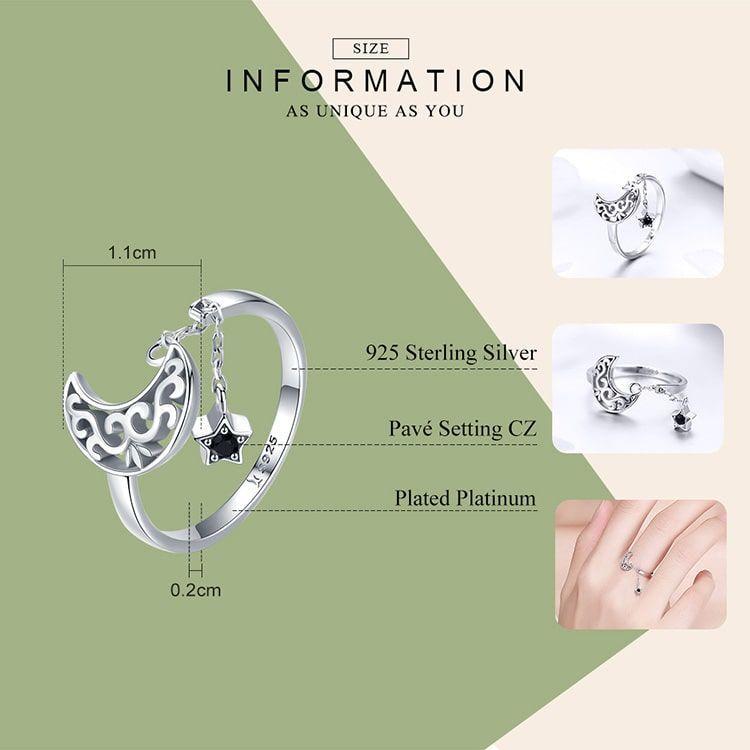 Anillo Plata Fina 925 Luna y Estrella Ajustable-3