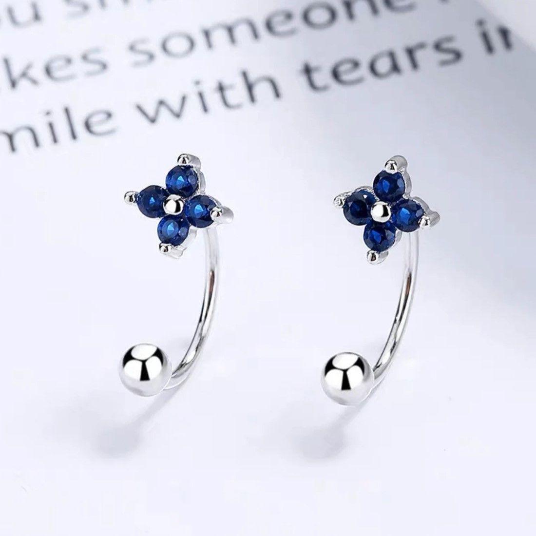 Aros Plata 925 Pasador Flor Azul Bolita-2