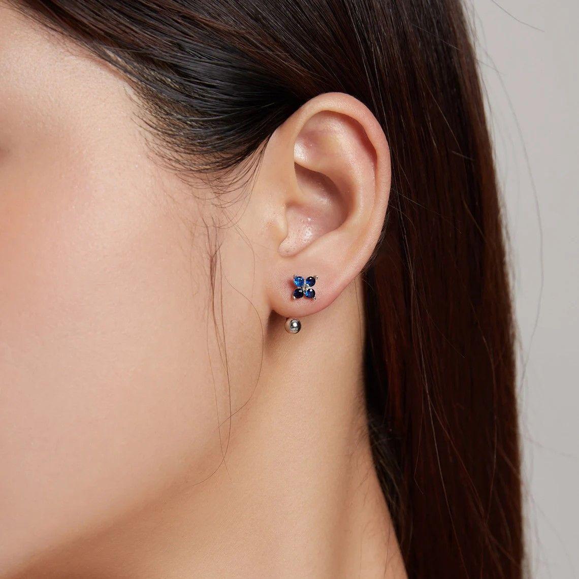 Aros Plata 925 Pasador Flor Azul Bolita-5