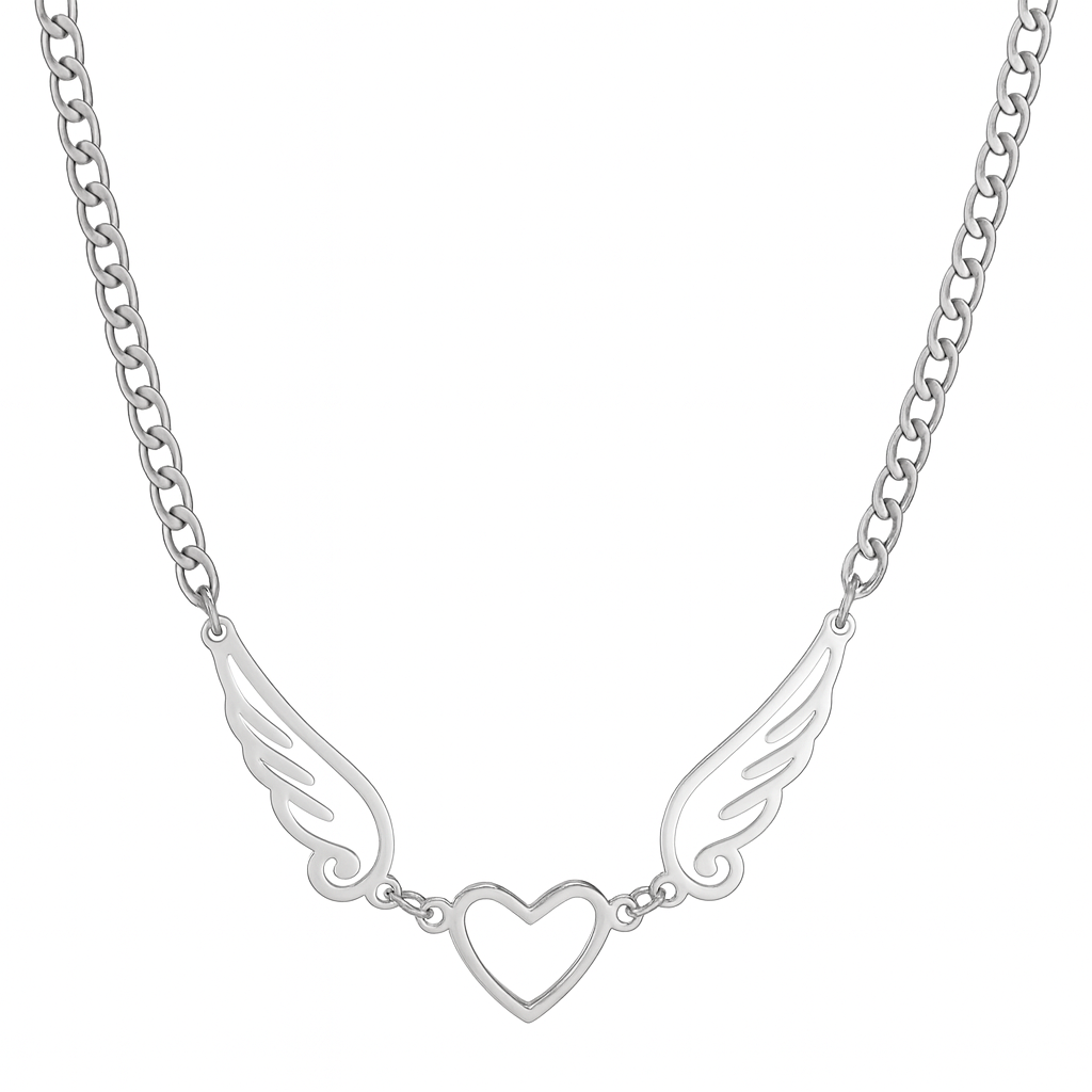 Collar Alas de Ángel corazón Acero Plateado-0