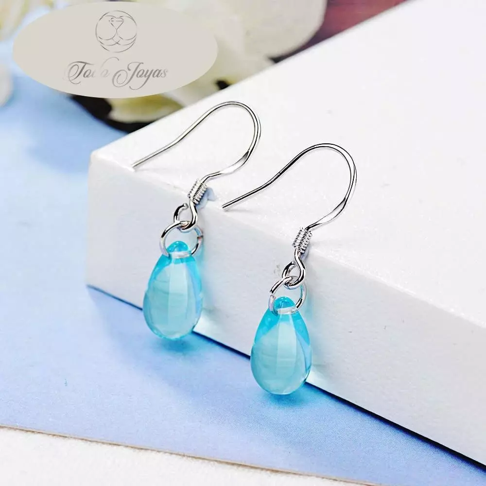 Aros Gota Cristal Celeste Colgante-2