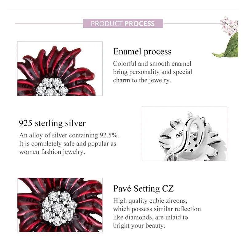 Charm Dije Plata 925 Flor Margarita Roja-6