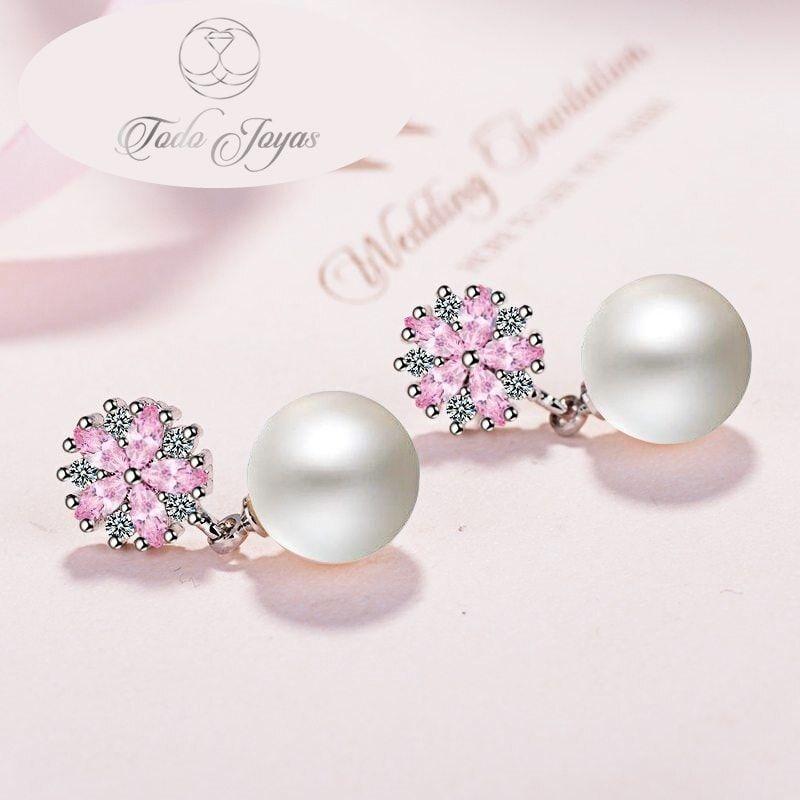 Aros Perla Con Circones Rosa Plateado-3