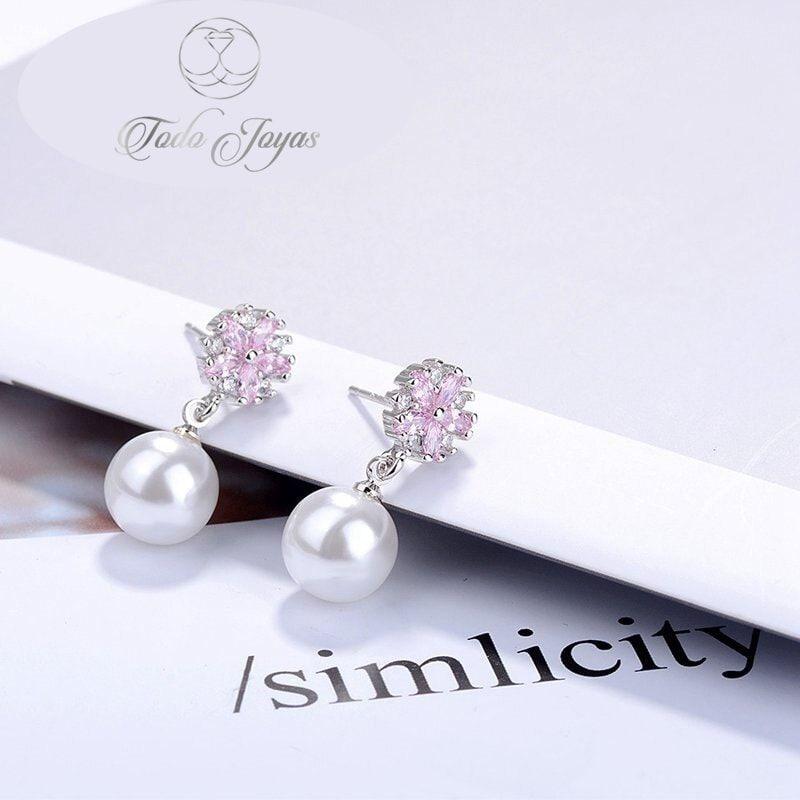 Aros Perla Con Circones Rosa Plateado-5