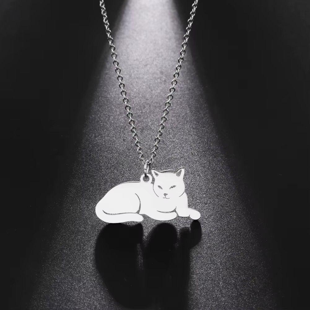 Collar Gato Acostado Gatito Acero Plateado-7