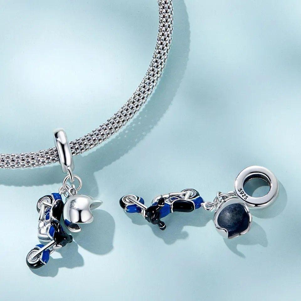 Charm Dije Plata 925 Moto Azul y Casco-3