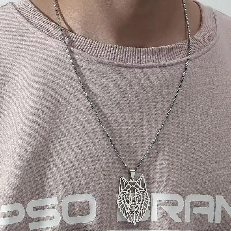 Collar Cabeza Lobo Wolf Acero Geométrico Plateado-2