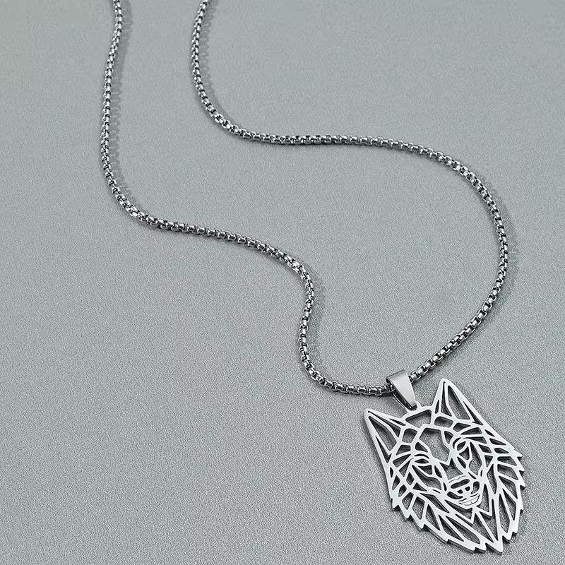 Collar Cabeza Lobo Wolf Acero Geométrico Plateado-3