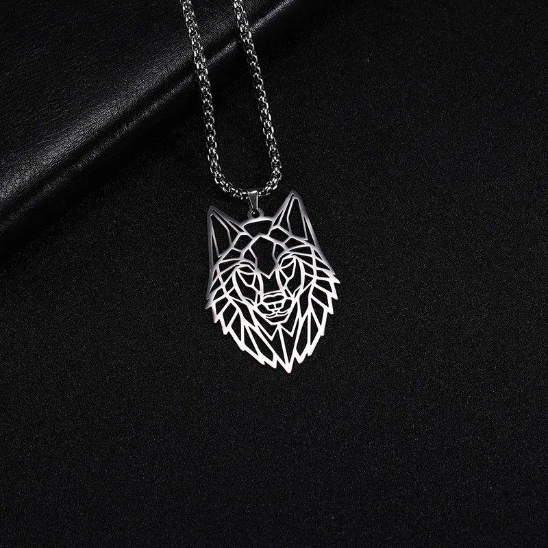 Collar Cabeza Lobo Wolf Acero Geométrico Plateado-5
