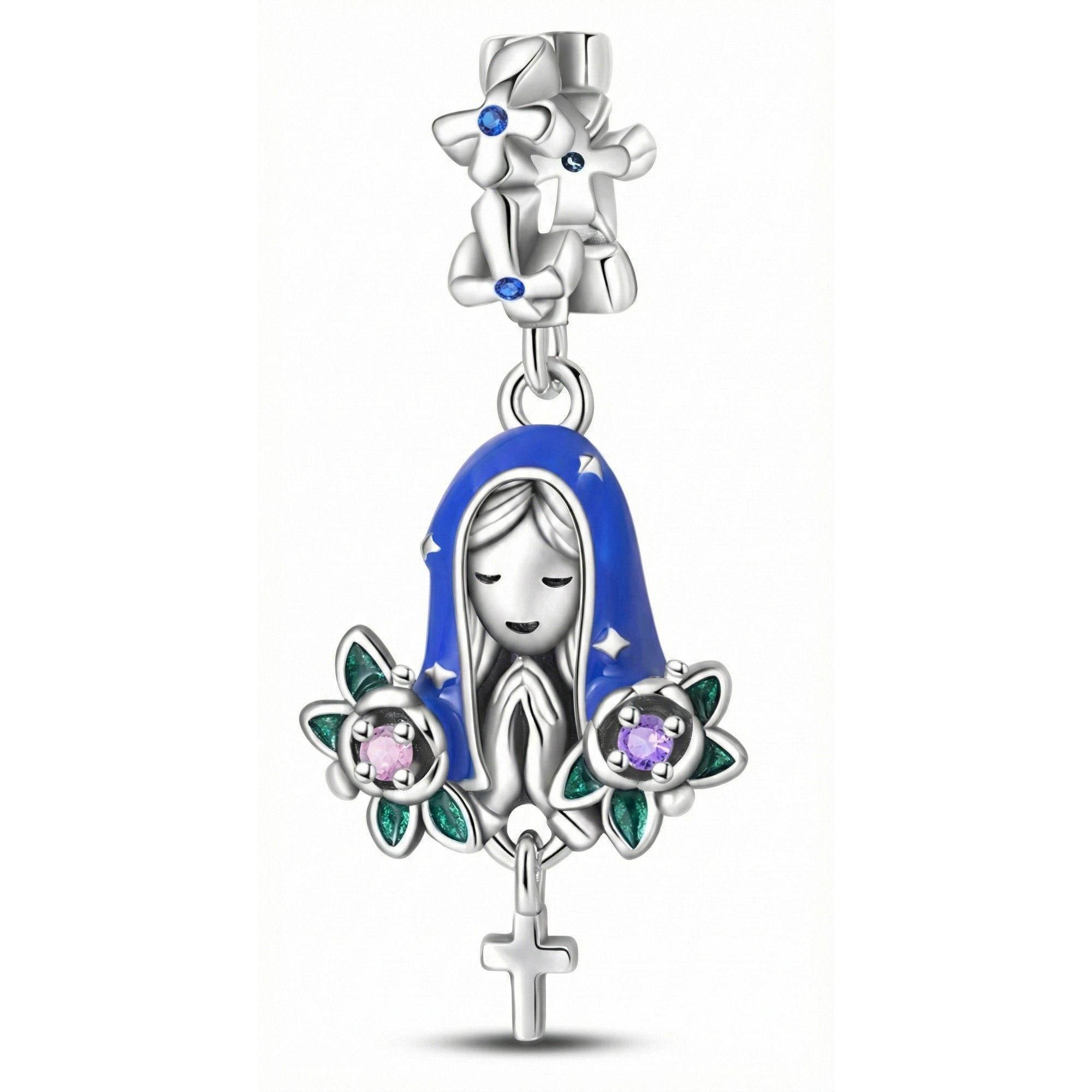 Charm Dije Plata 925 Virgen María Flor de Loto-0