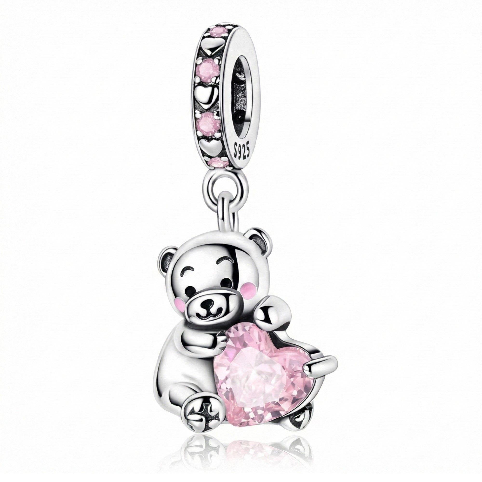 Charm Plata 925 Osito Con Corazón Cristal Rosado-0