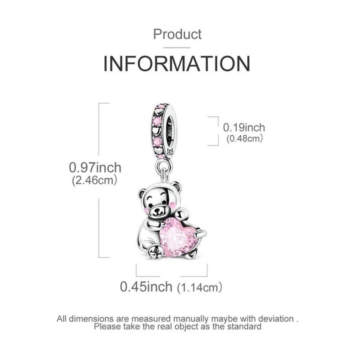 Charm Plata 925 Osito Con Corazón Cristal Rosado-1