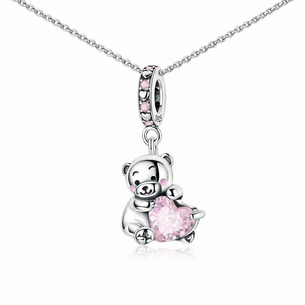 Charm Plata 925 Osito Con Corazón Cristal Rosado-2