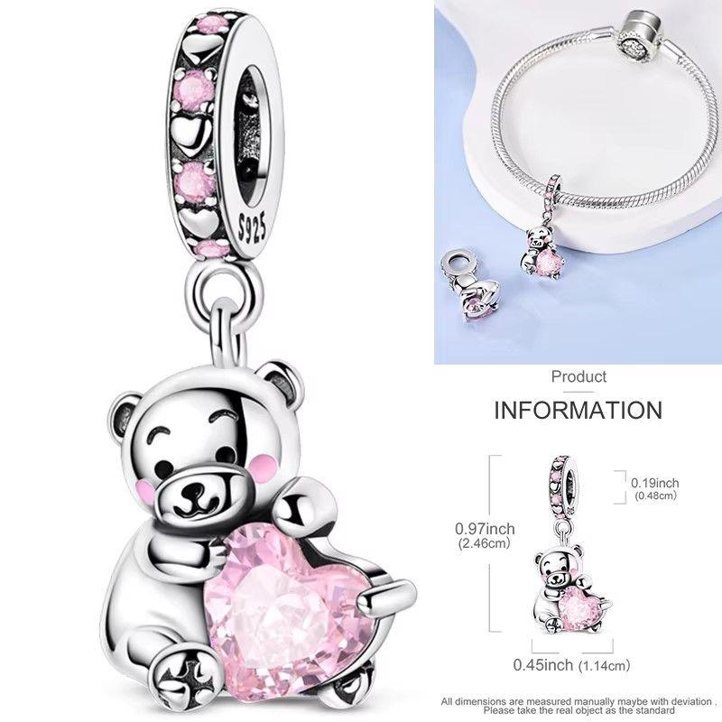 Charm Plata 925 Osito Con Corazón Cristal Rosado-3