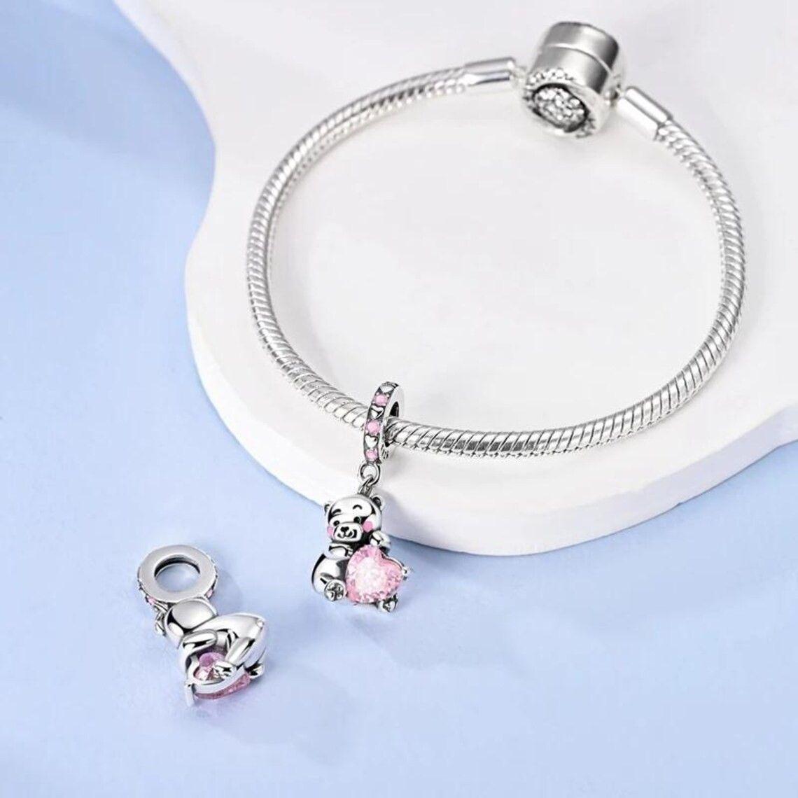Charm Plata 925 Osito Con Corazón Cristal Rosado-4