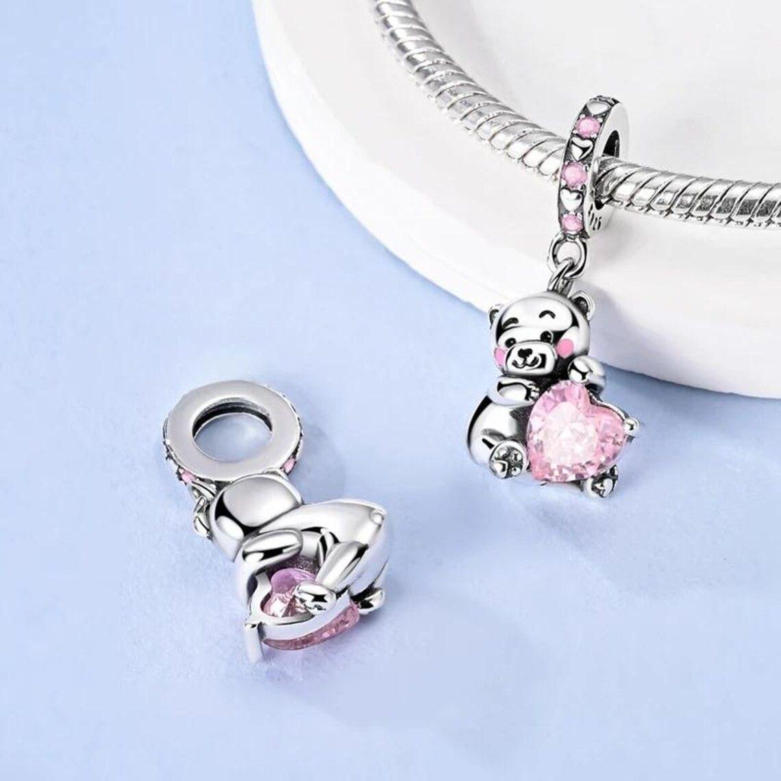 Charm Plata 925 Osito Con Corazón Cristal Rosado-5