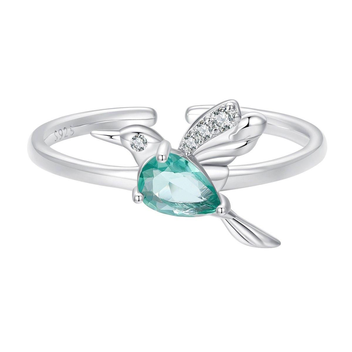 Anillo Plata 925 Colibrí Picaflor Ave Cristal Verde-0