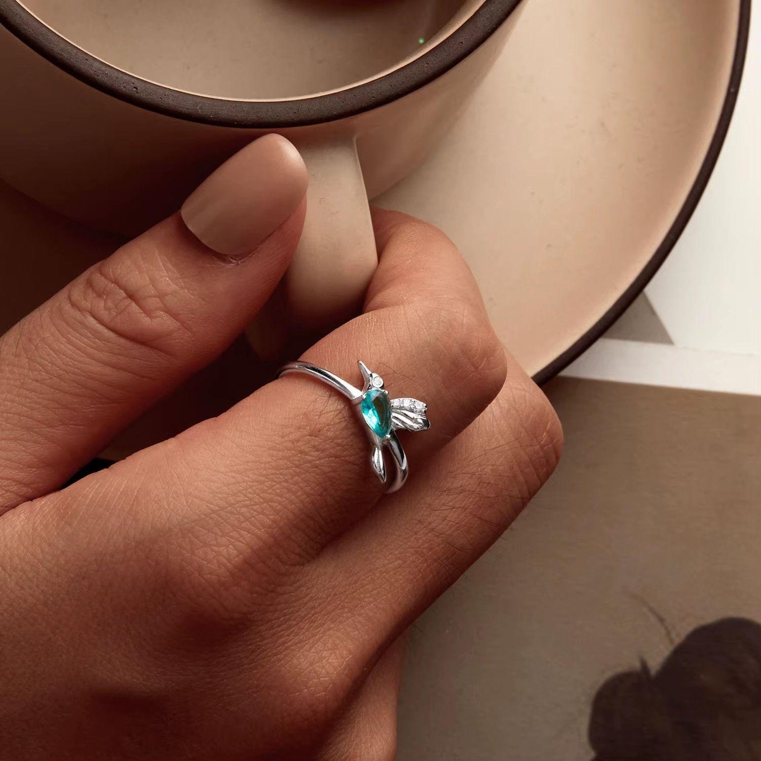 Anillo Plata 925 Colibrí Picaflor Ave Cristal Verde-1