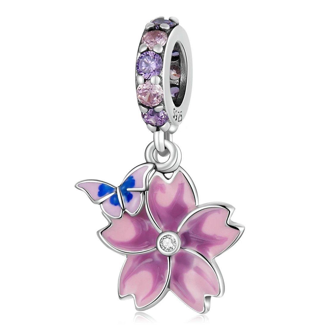 Charm Dije Plata Flor Purpura con Mariposa-0