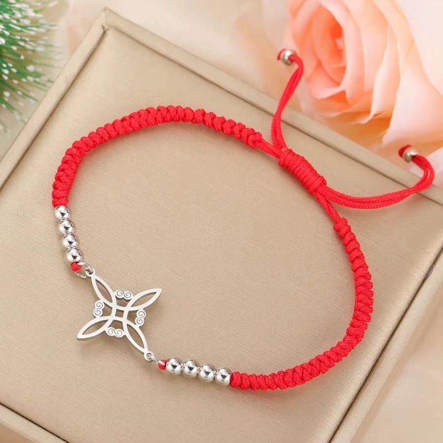 Pulsera Nudo de Bruja Celta Plateada Acero Cuerda Roja-2