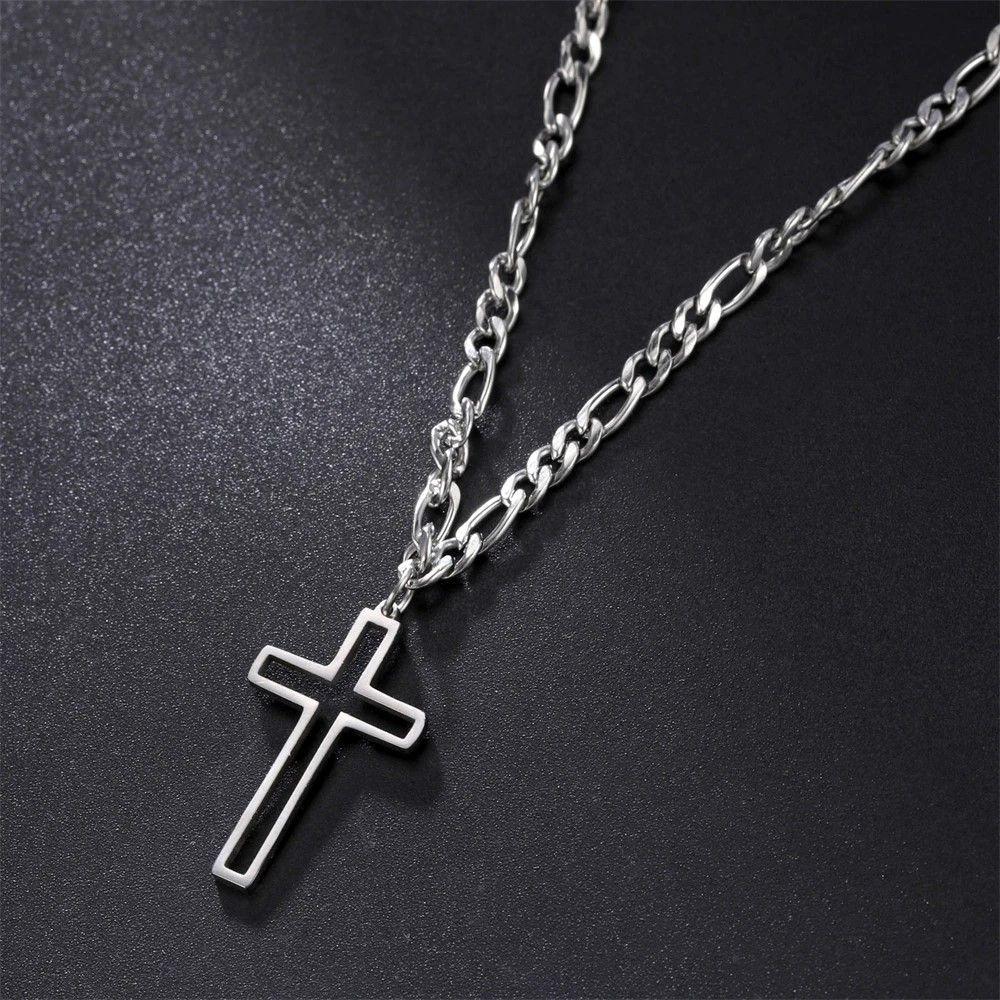 Colgante Collar Cruz Biselada Fígaro Acero Plateado-1