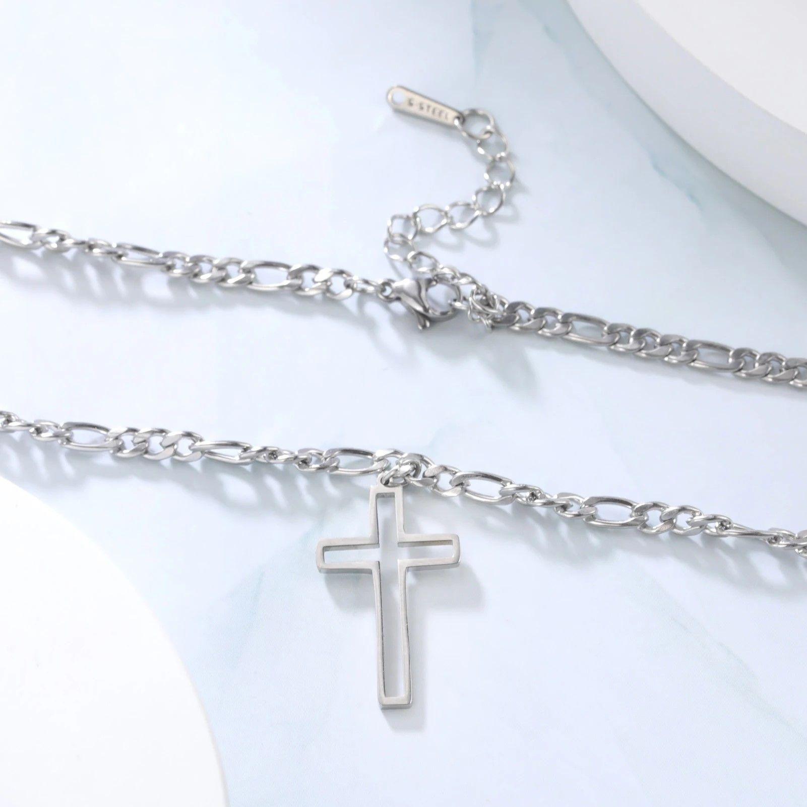 Colgante Collar Cruz Biselada Fígaro Acero Plateado-5