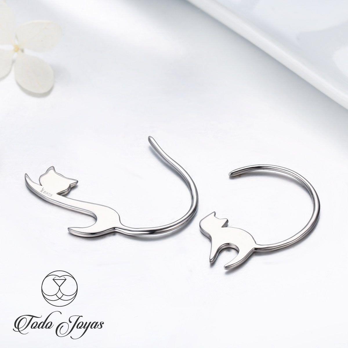 Aros Pendientes Plata Fina 925 Gato Jugueton -3