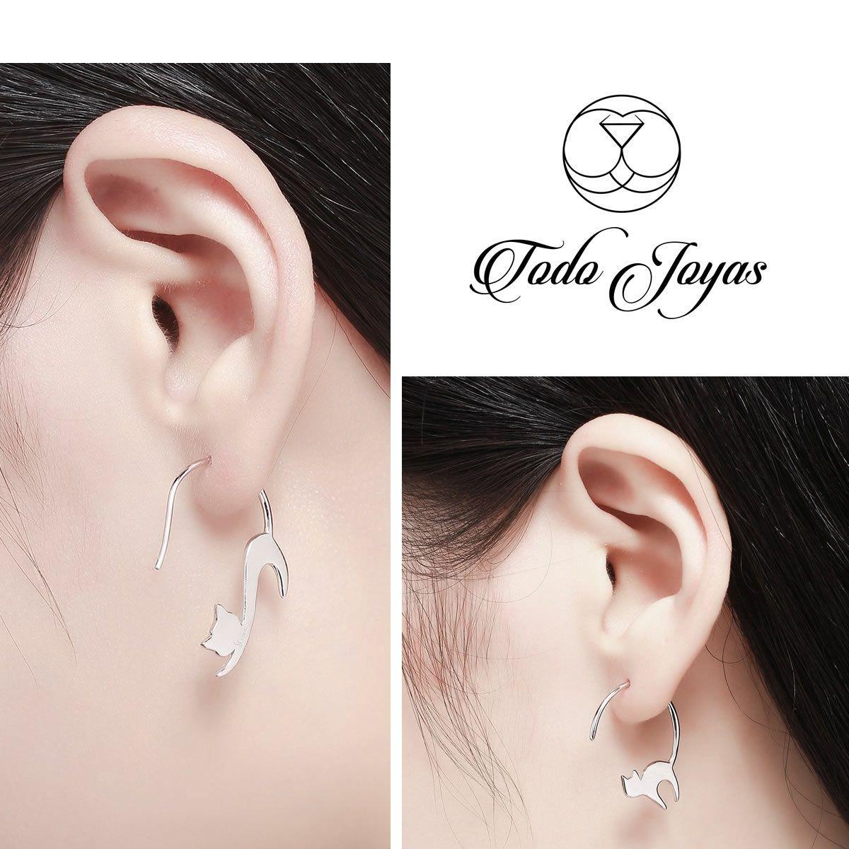 Aros Pendientes Plata Fina 925 Gato Jugueton -6