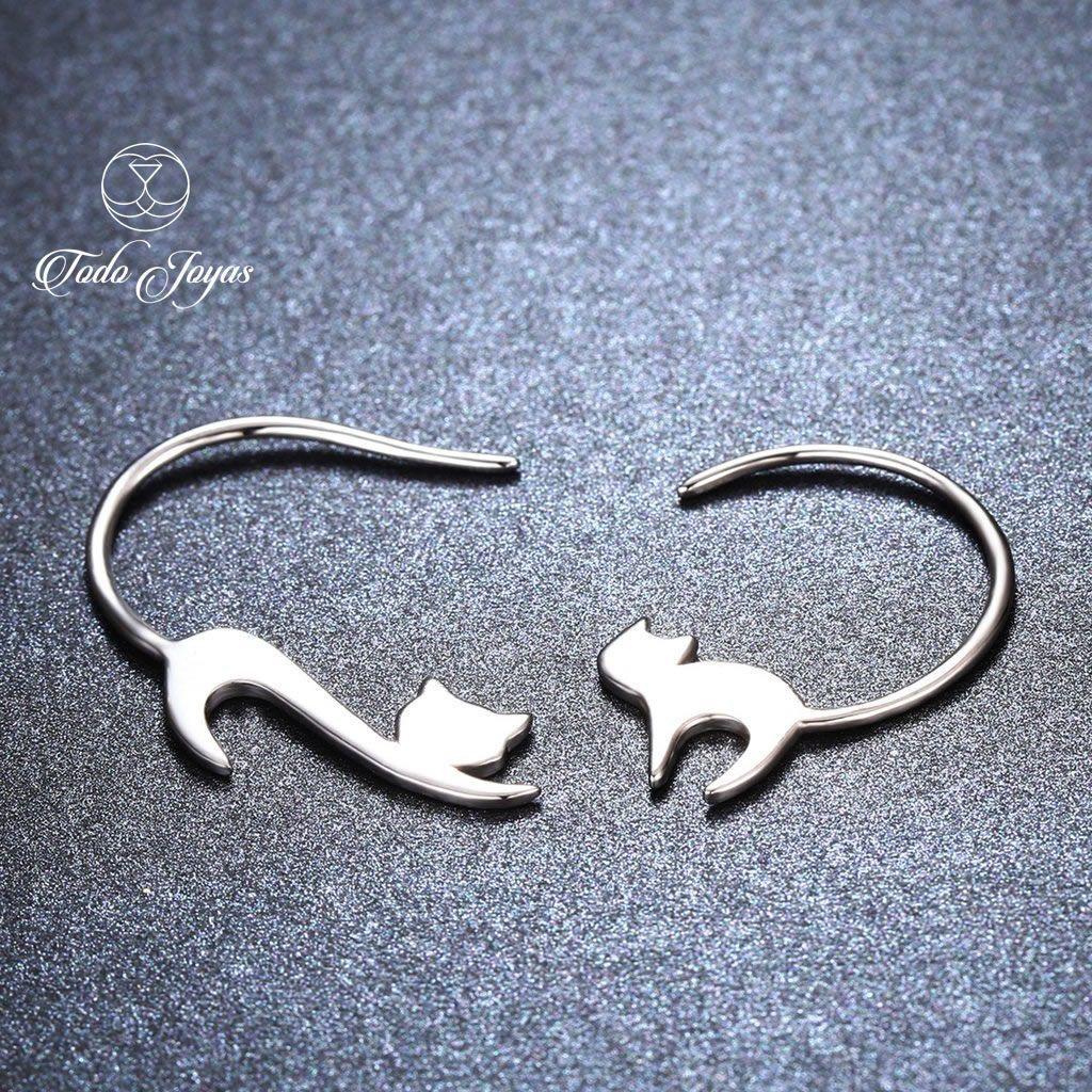 Aros Pendientes Plata Fina 925 Gato Jugueton -7
