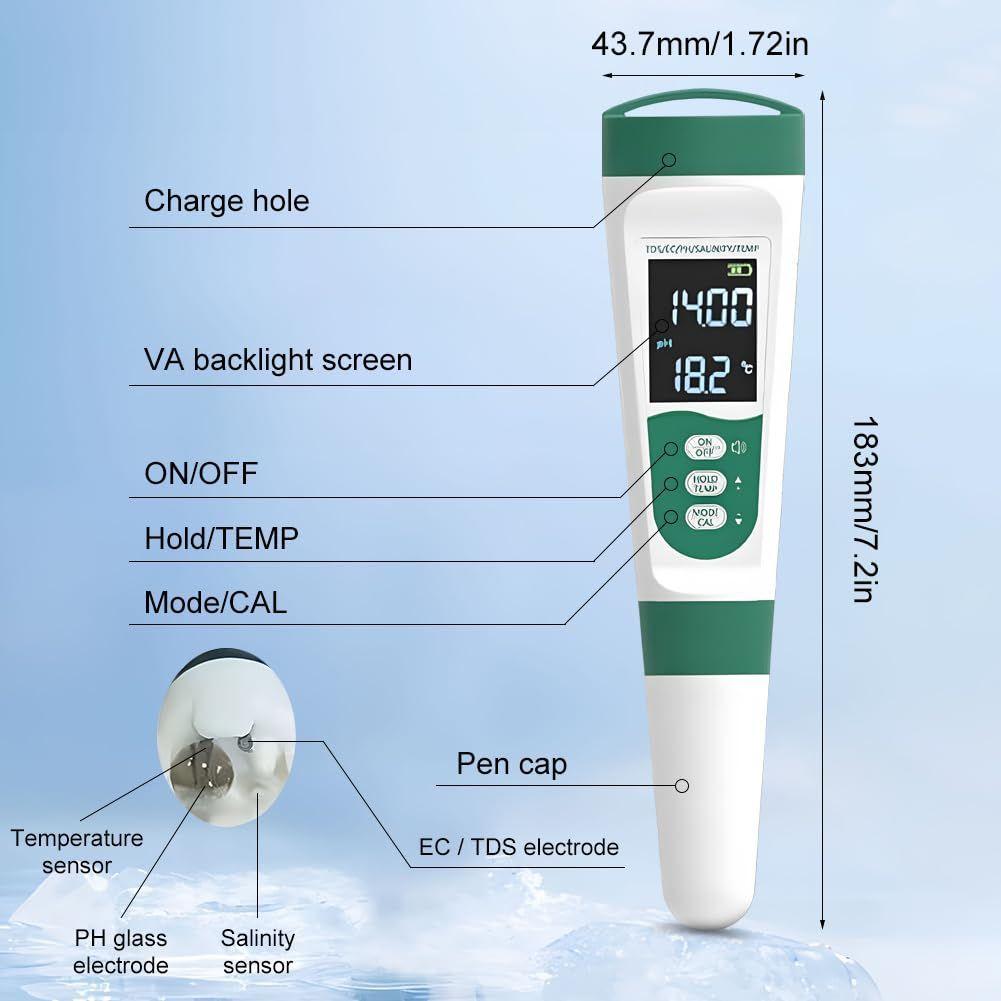 Medidor Calidad Agua 5 En 1 Tds Ec Ph Sal Temp Recargable-3