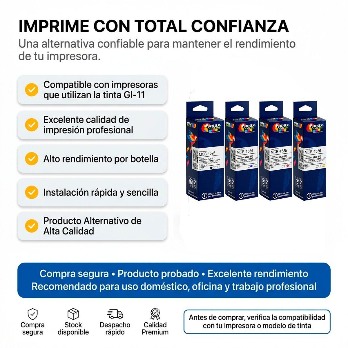 Pack 4 Tintas GI 11 Alternativas Compatible G3160 G2160 G4170-3