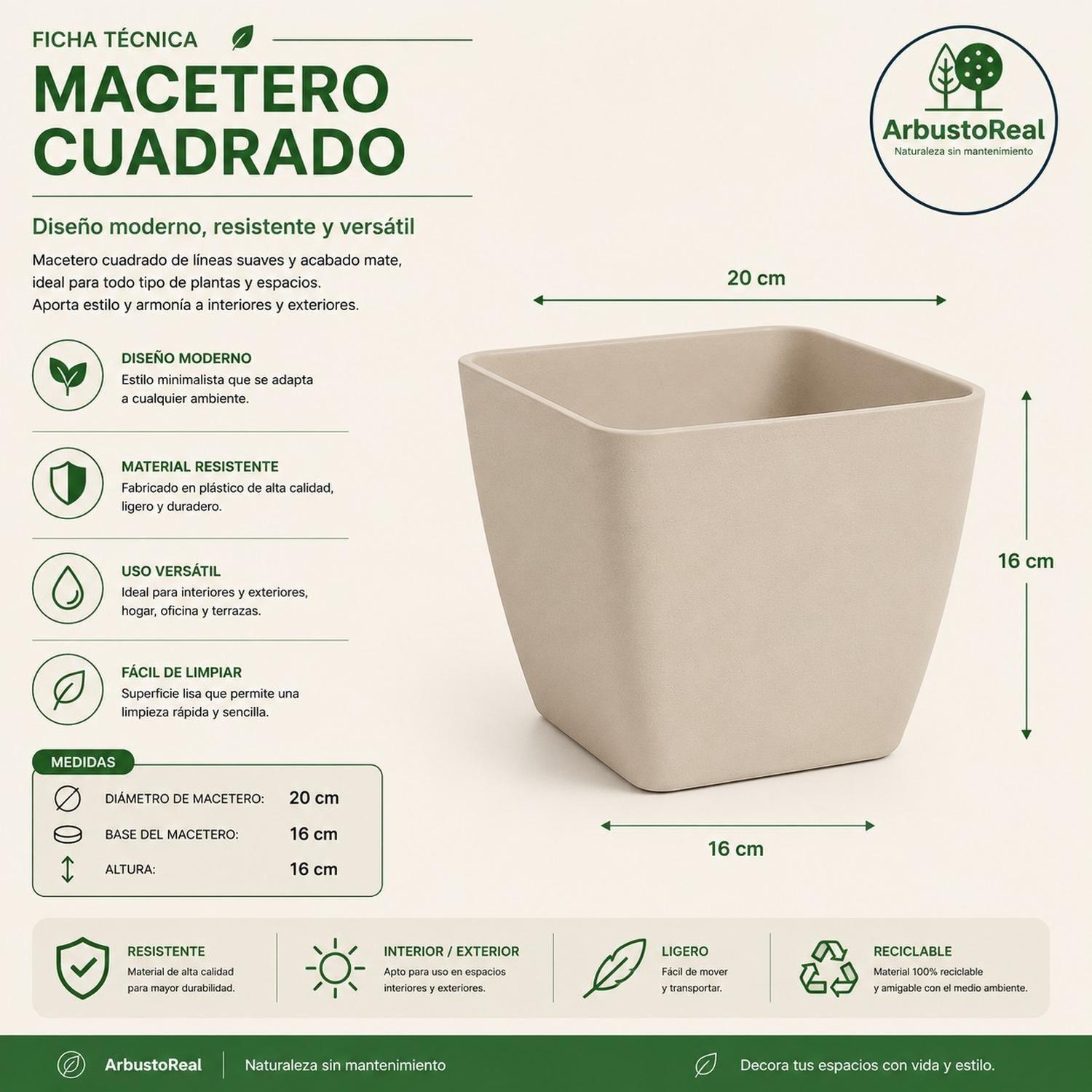 Macetero Cuadrado Beige 20x16 cm Plastico Resistente-4