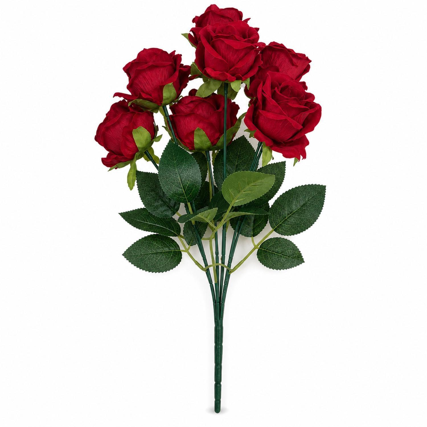 Ramo 7 Rosas Rojas Artificiales Textura Terciopelo 44cm-2