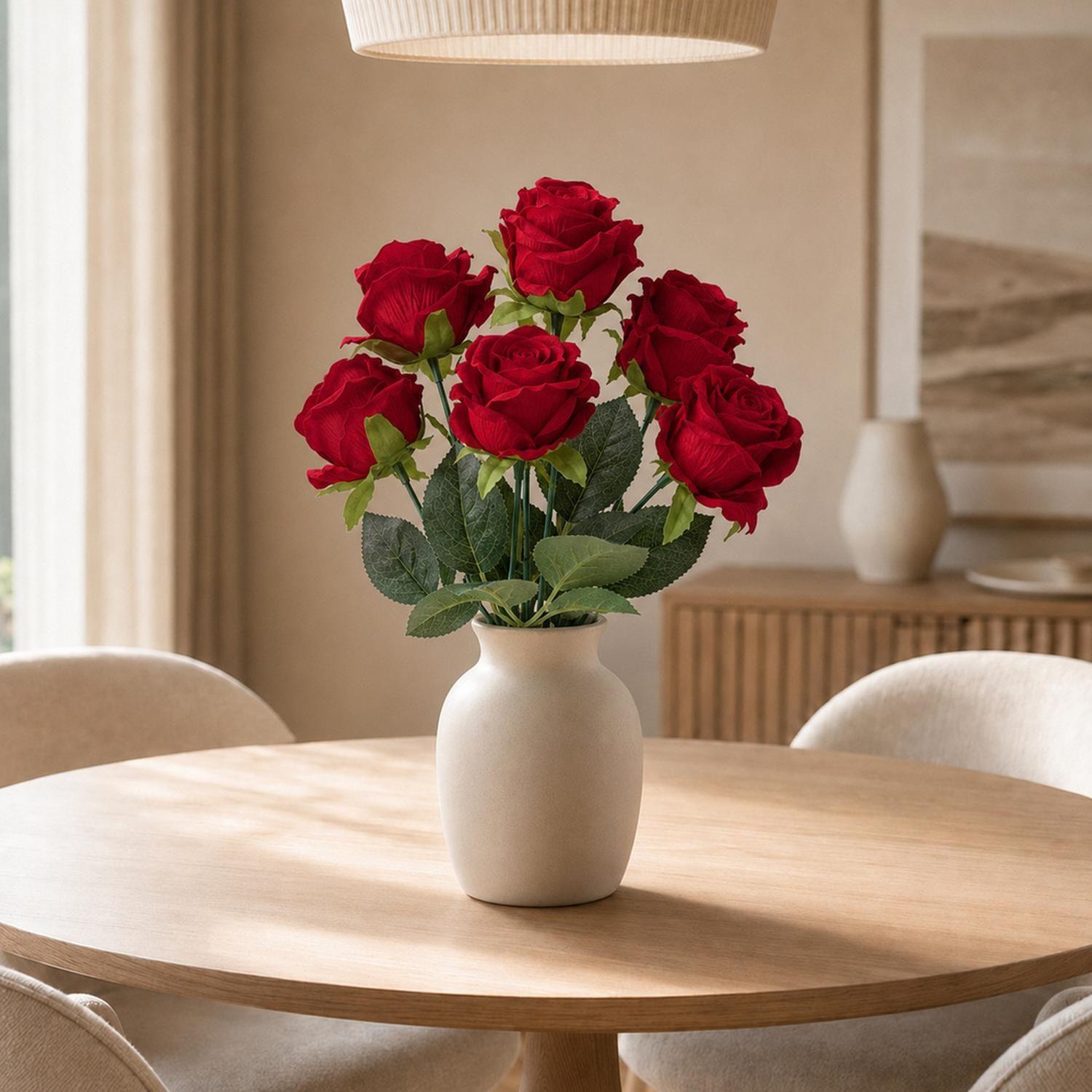 Ramo 7 Rosas Rojas Artificiales Textura Terciopelo 44cm-4