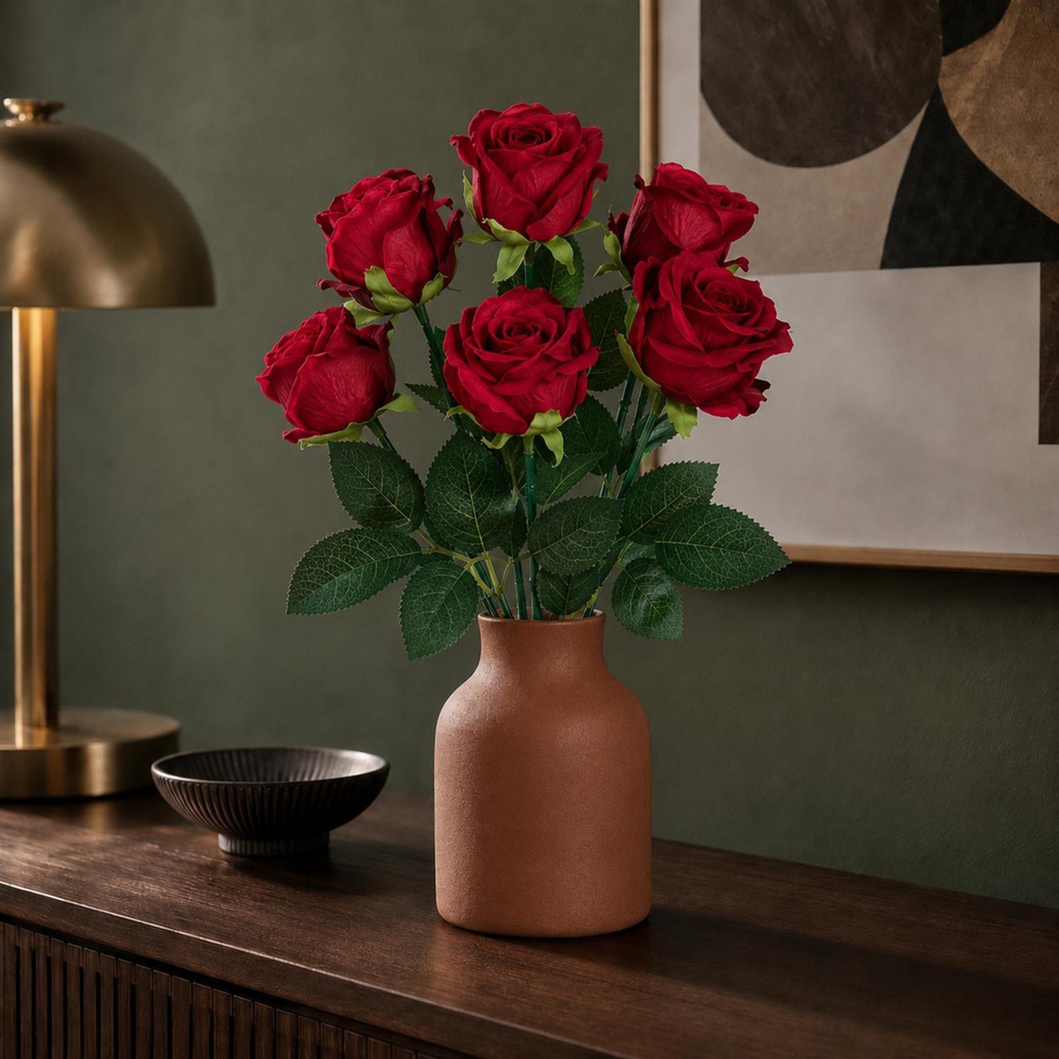 Ramo 7 Rosas Rojas Artificiales Textura Terciopelo 44cm-5