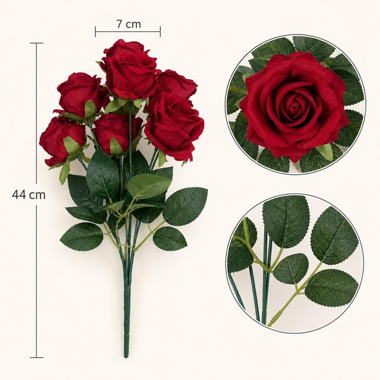 Ramo 7 Rosas Rojas Artificiales Textura Terciopelo 44cm-6