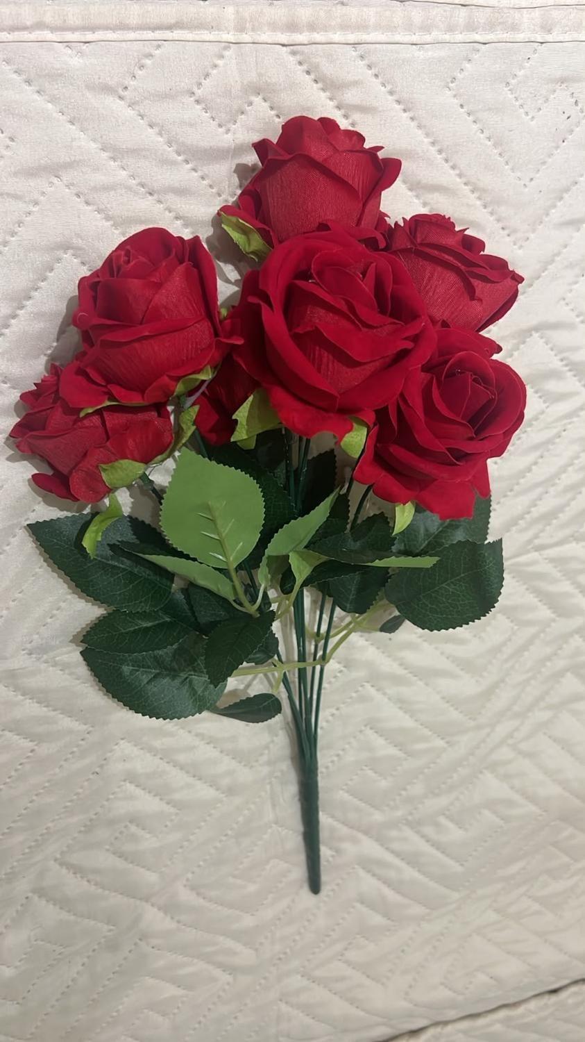Ramo 7 Rosas Rojas Artificiales Textura Terciopelo 44cm-7