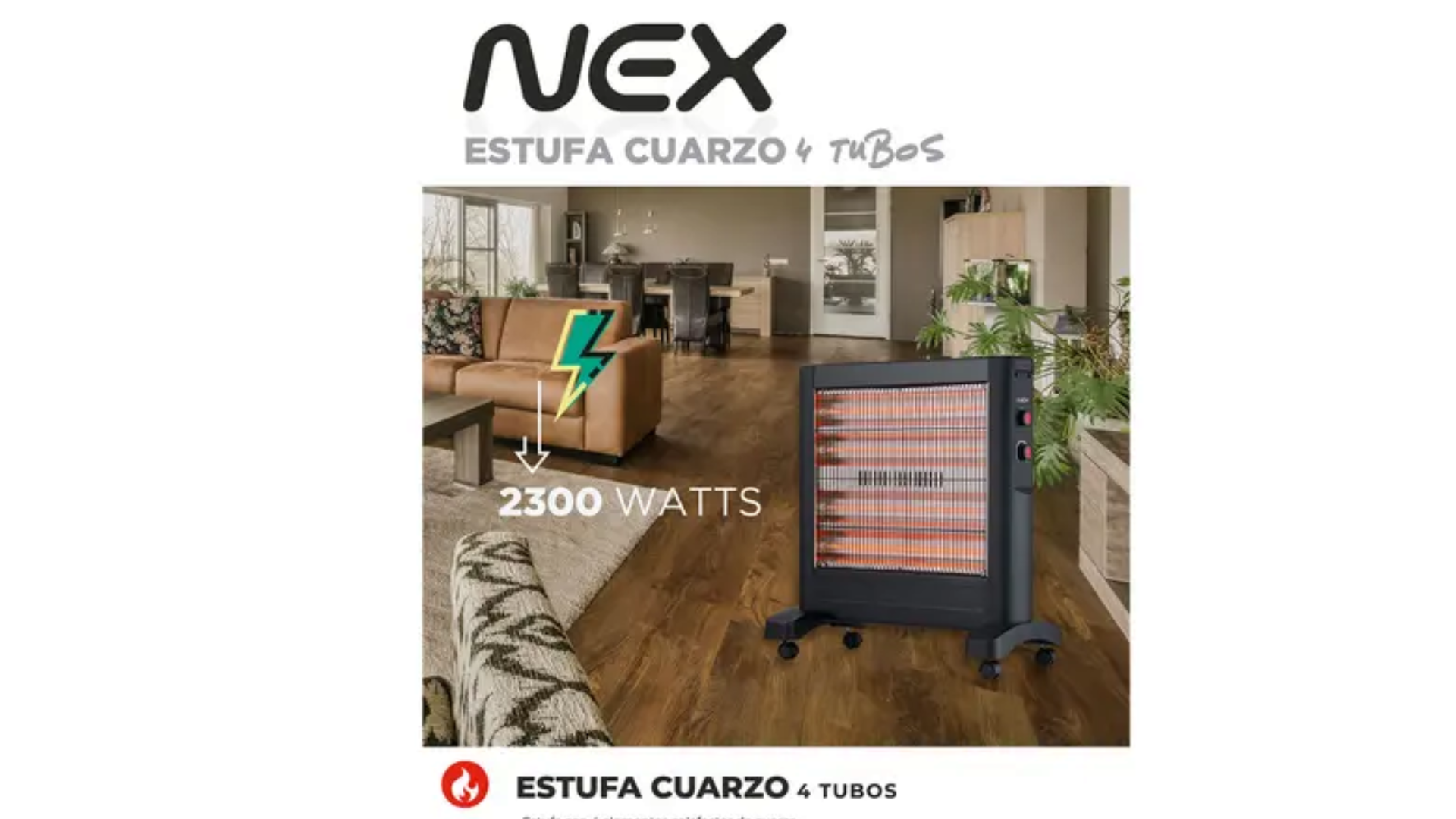Estufa cuarzo 2300W - Negro - Nex-3