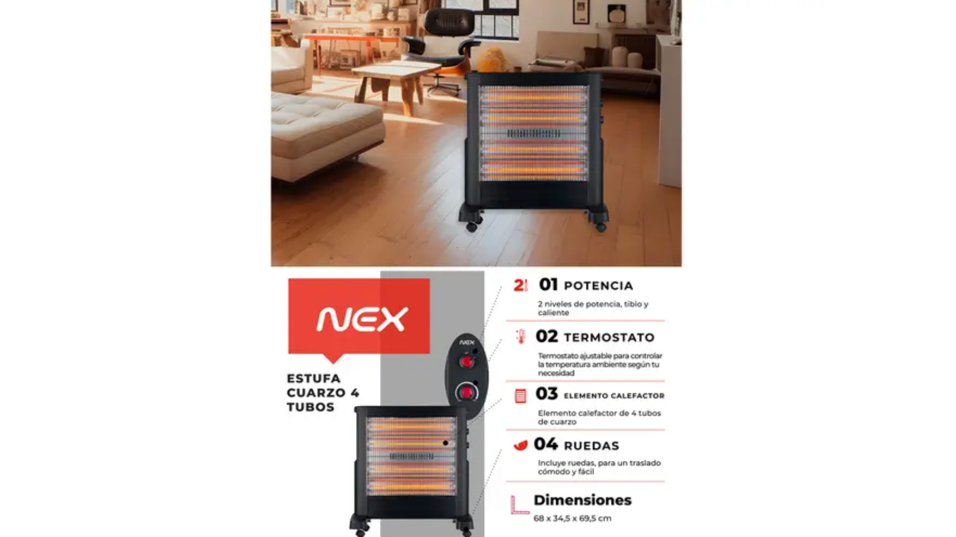 Estufa cuarzo 2300W - Negro - Nex-4