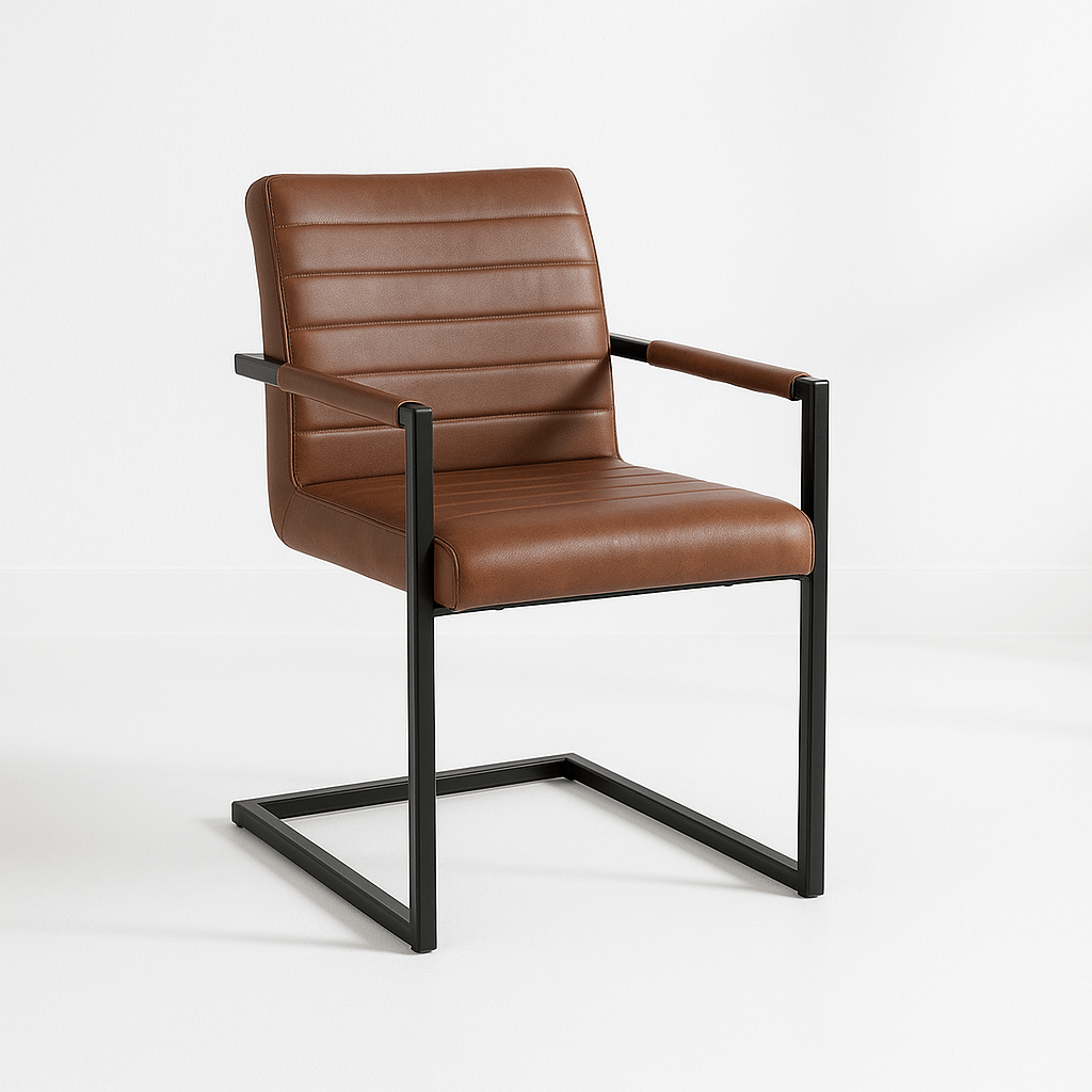 Silla Industrial de Cuero Sintético Marrón con Base Metálica – Café-0