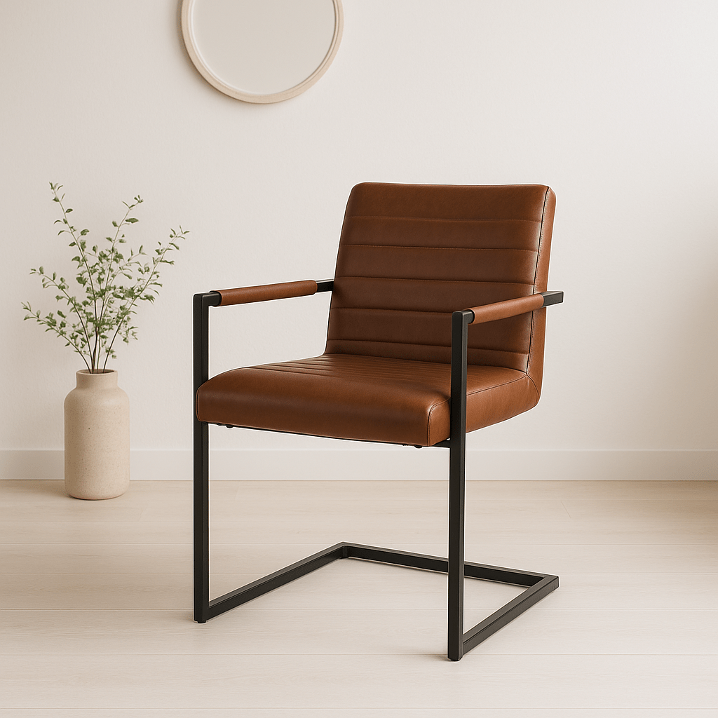 Silla Industrial de Cuero Sintético Marrón con Base Metálica – Café-1