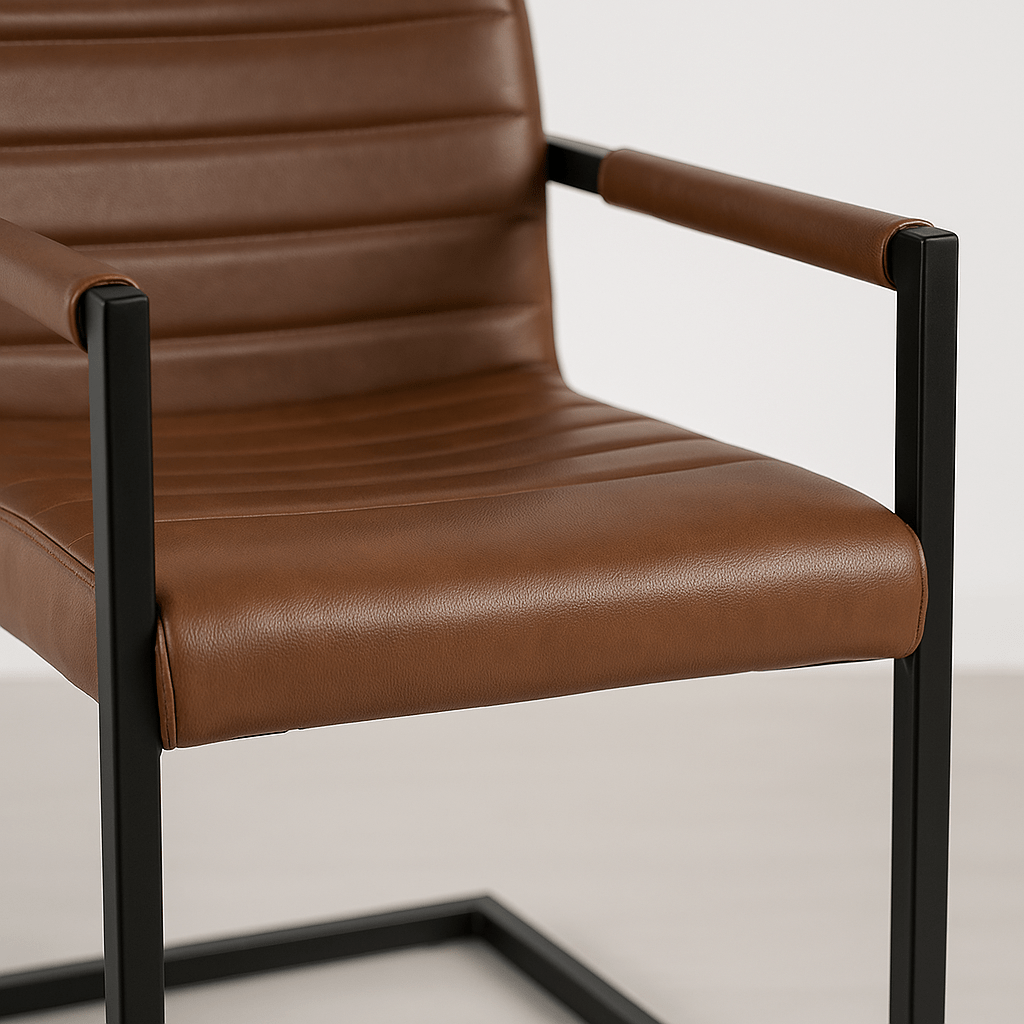 Silla Industrial de Cuero Sintético Marrón con Base Metálica – Café-2