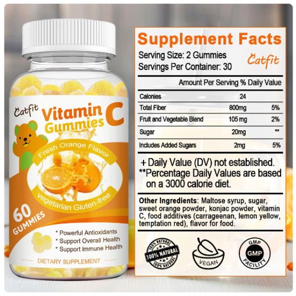 Vitamina C Gummies Acido Ascorbico 1000mg 60 Gomitas Naranja-6