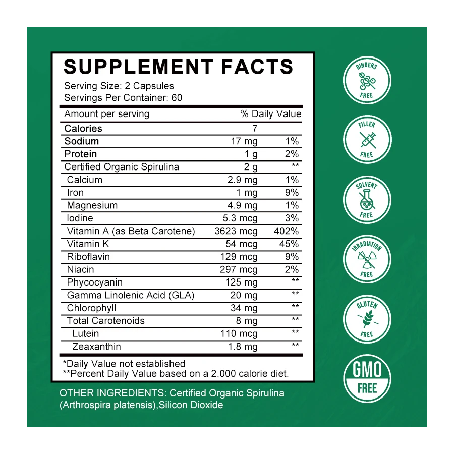 Spirulina 100% Organica Super Alimento Verde 2000mg Extra Strength120 Caps-6
