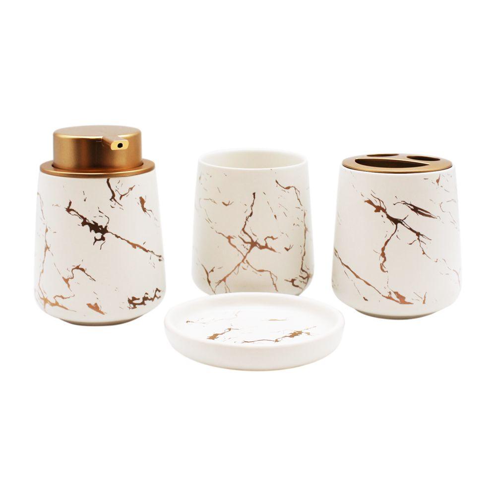Kit Accesorios Baño Cerámico 4 piezas Blanco/Dorado-5