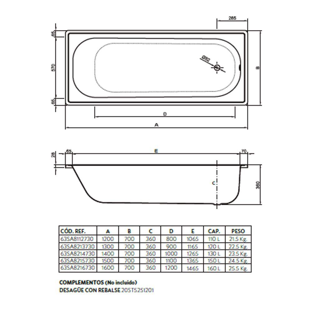Tina Acero Esmaltado 100x70x36 Con antideslizante Artemisa-6