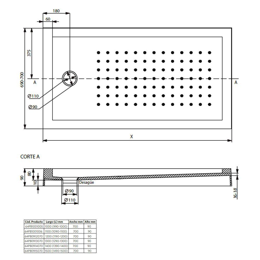 Receptáculo de Ducha con Desague y Soporte 130x70x9 cm-5
